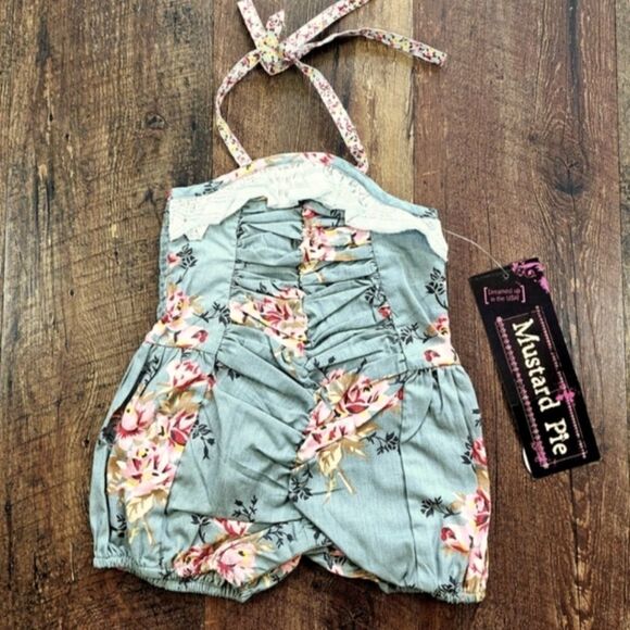 NWT Mustard Pie Floral & Gray Ruched Baby Bubble Romper - Picture 2 of 9